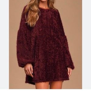 NWT lulu’s Couldn't Be Sweeter Burgundy Fuzzy Knit Sweater Dress